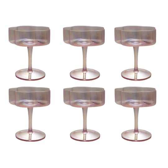 Hello Honey 6-Ounce Hand-Blown Pleated Flower Shaped Stemmed Coupe Glass, Iridescent Finish and Pink, Set of 6